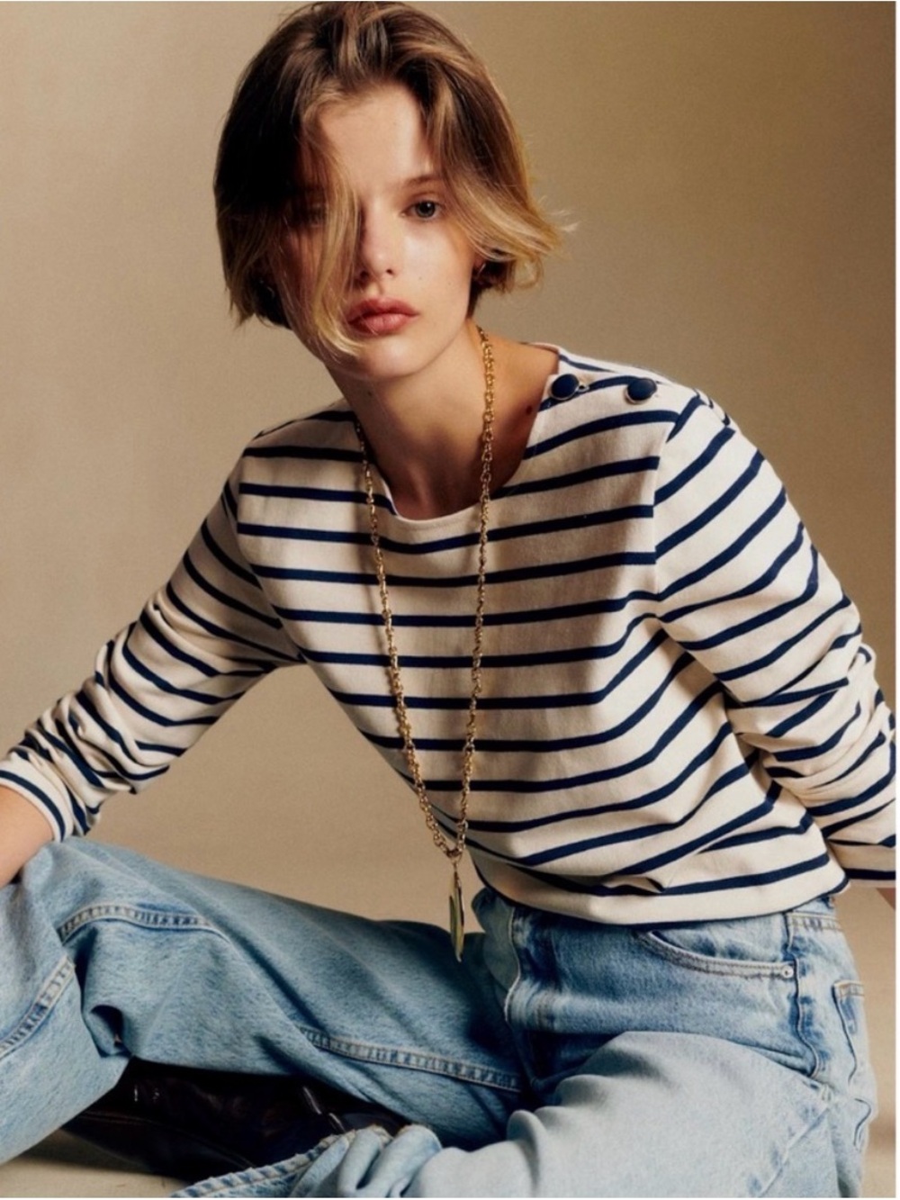 Sezane Colette Striped Long-Sleeve Top - Navy & Cream